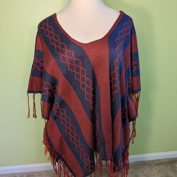 Mittoshop BOHO Fringed Poncho Shawl Navy Blue & Rust Large - Picture 1 of 6